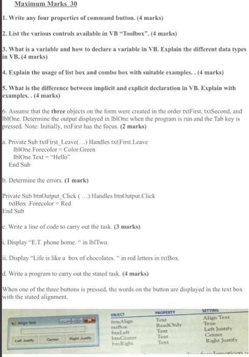 do it all Maximum Marks 30 1. Write any four properties of