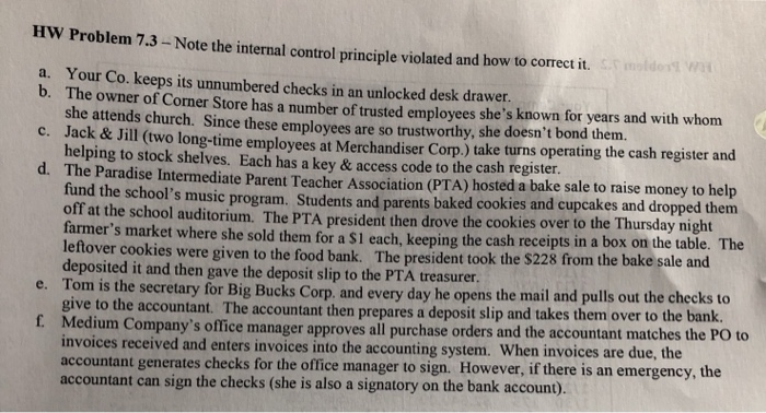  HW Problem 7.3 - Note the internal control principle violated and