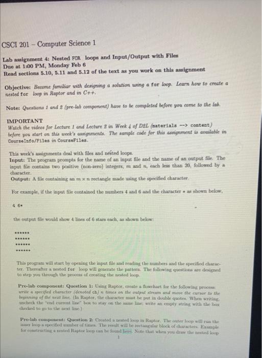 SSCI 201 - Computer Science 1 Lab assignment 4: Nested FOR.