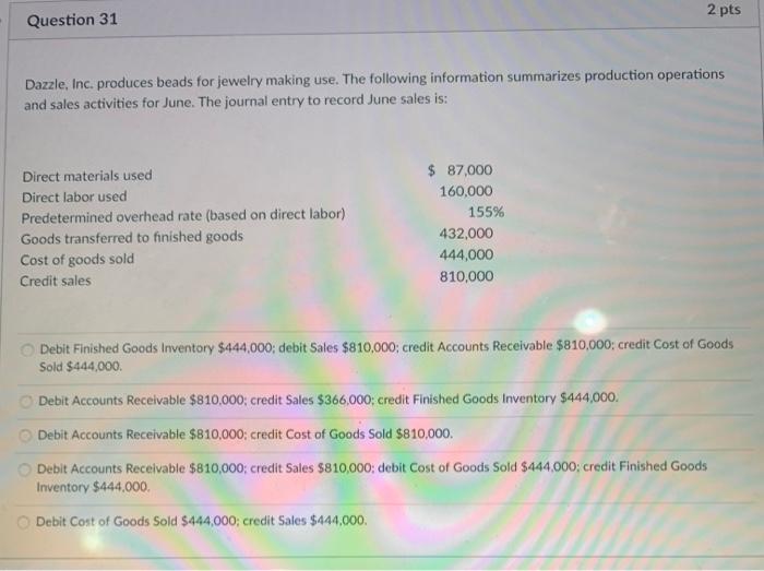  no need to explain 2 pts Question 31 Dazzle Inc. produces