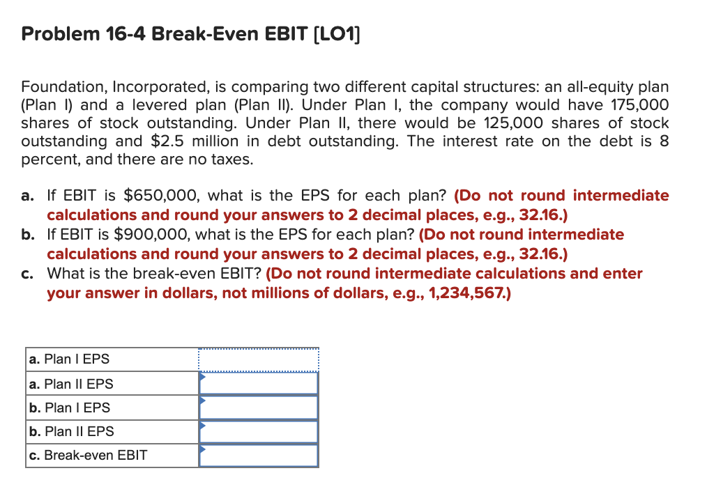 Problem 16-4 Break-Even EBIT (LO1] Foundation, Incorporated, is comparing two different