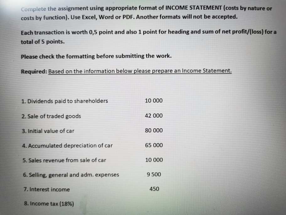  Complete the assignment using appropriate format of INCOME STATEMENT (costs by