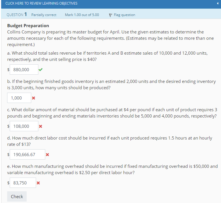  CLICK HERE TO REVIEW LEARNING OBJECTIVES QUESTION 1 Partially corct Mark