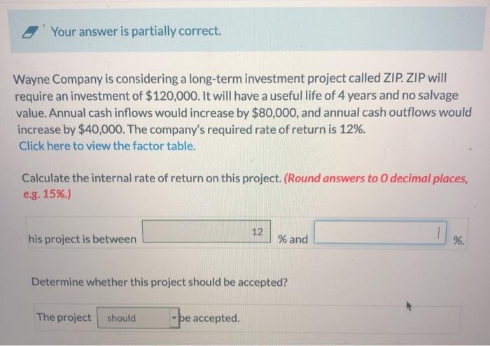  Your answer is partially correct. Wayne Company is considering a long-term