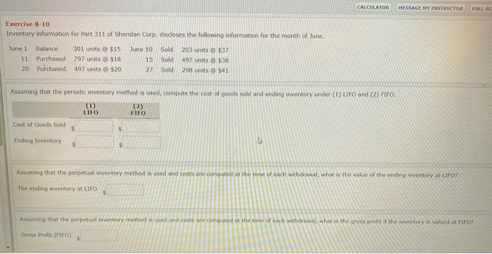  CALCULATOR MESSAGE MY INSTRUCTOR S Exercise 8-10 trventory information for Part
