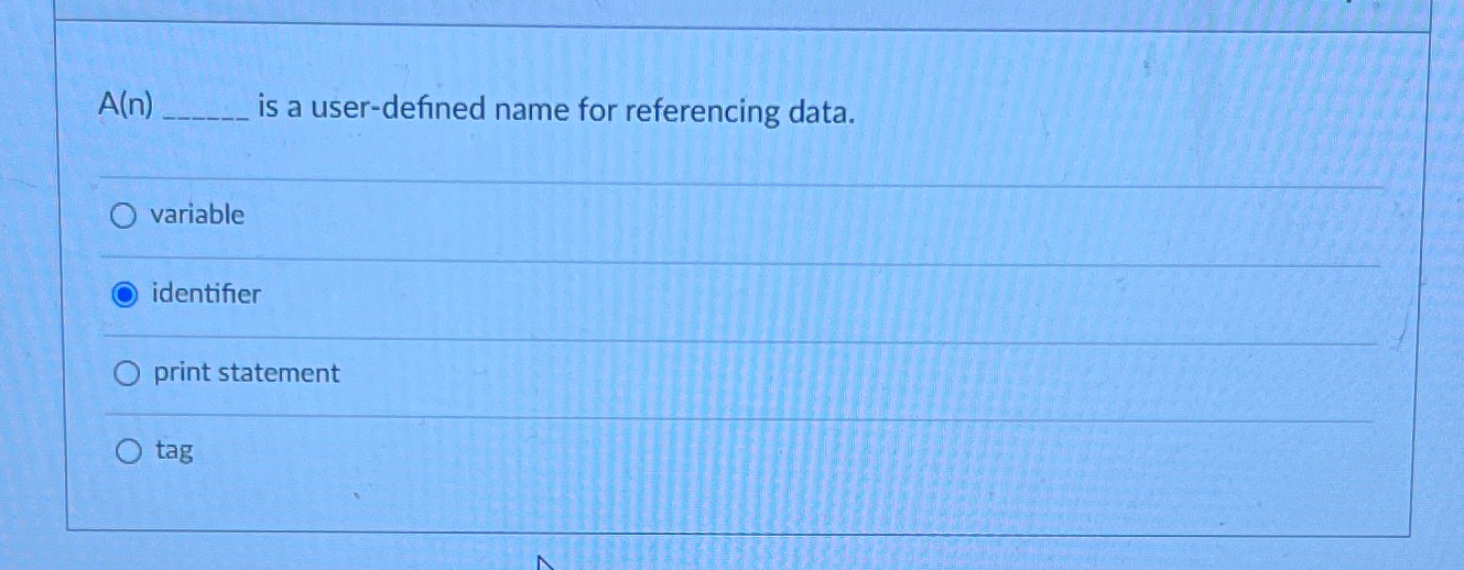  A(n) is a user-defined name for referencing data. variable identifier print