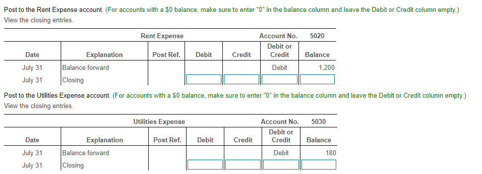 Debit or Credit column empty.) View the closing entries. Requirement 3. Prepare