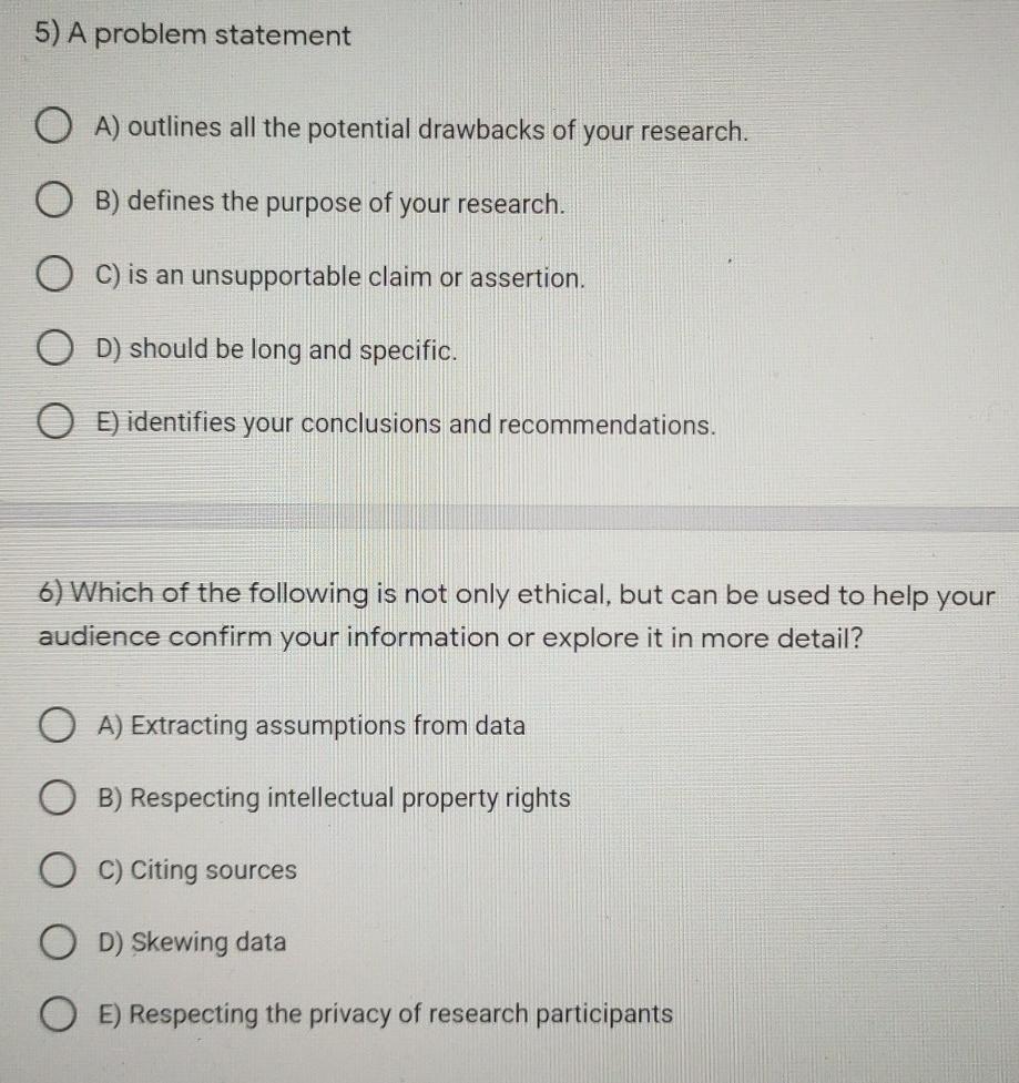  5) A problem statement A) outlines all the potential drawbacks of