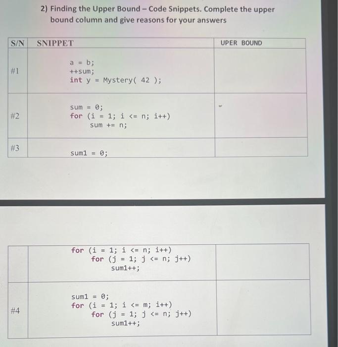  2) Finding the Upper Bound - Code Snippets. Complete the upper