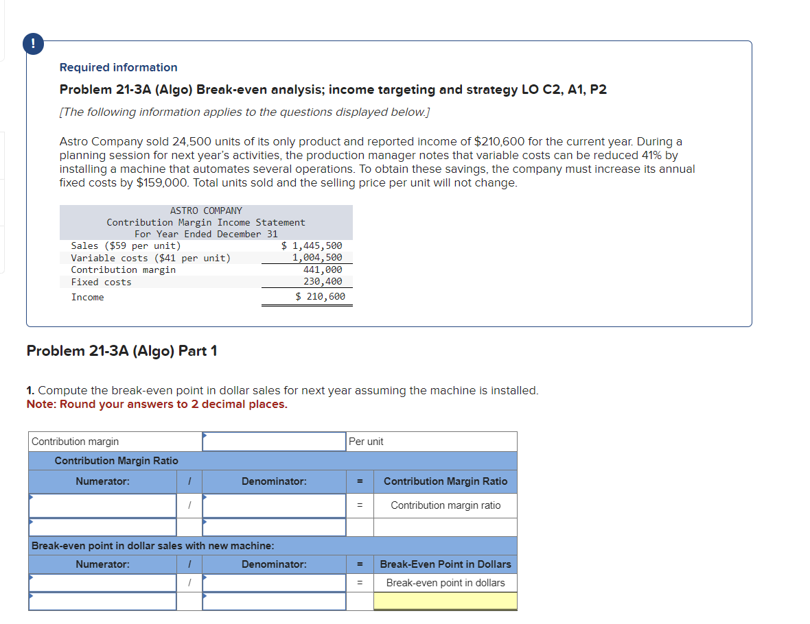  Required information Problem 21-3A (Algo) Break-even analysis; income targeting and strategy