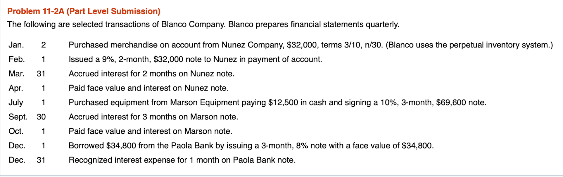  Problem 11-2A (Part Level Submission) The following are selected transactions of