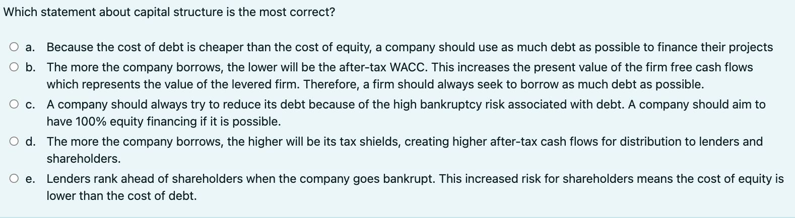 Which statement about capital structure is the most correct? O a.