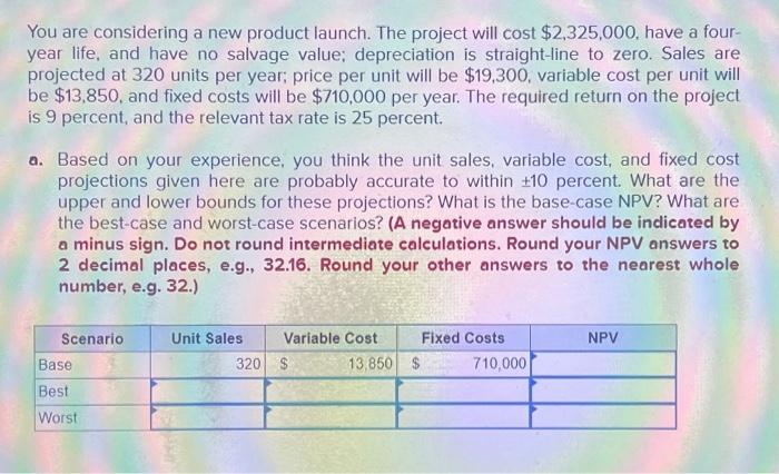 You are considering a new product launch. The project will cost