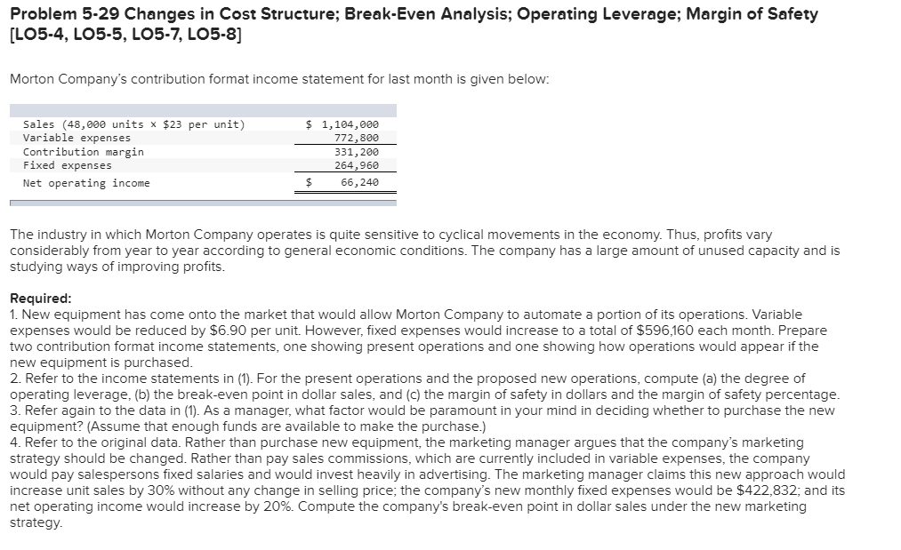 Problem 5-29 Changes in Cost Structure; Break-Even Analysis; Operating Leverage; Margin of