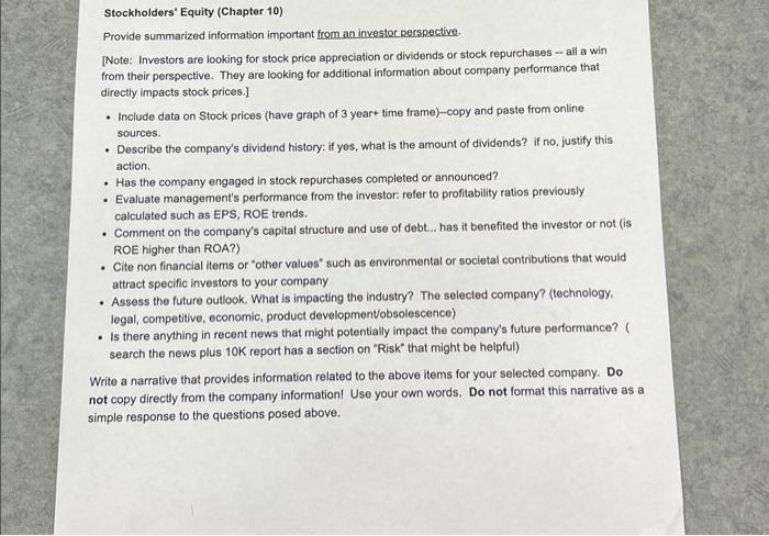 i need help on what to do Stockholders' Equity (Chapter 10) Provide