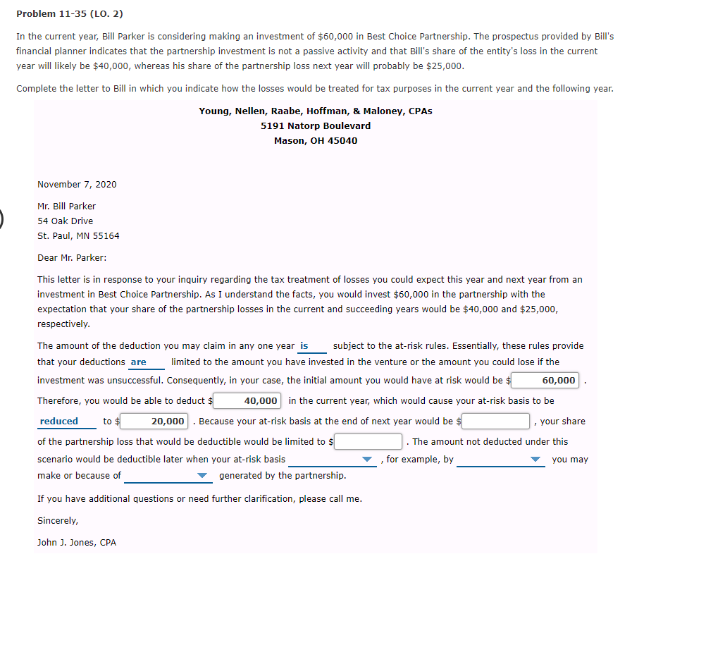 Problem 11-35 (LO. 2) In the current year, Bill Parker is