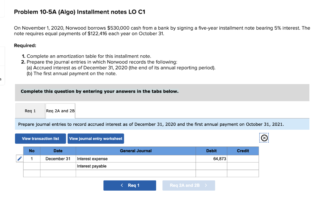Problem 10-5A (Algo) Installment notes LO C1 On November 1, 2020,