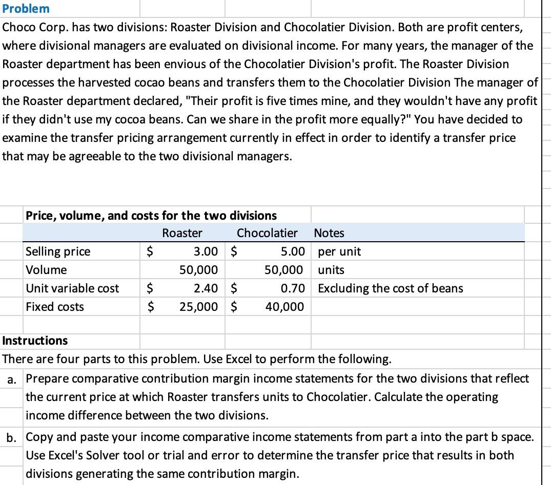 Choco Corp. has two divisions: Roaster Division and Chocolatier Division. Both