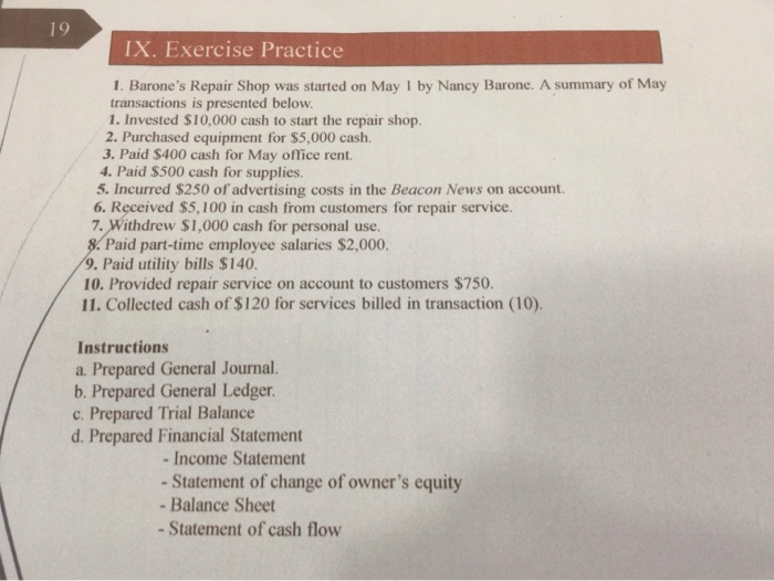  IX. Exercise Practice 1. Barone's Repair Shop was started on May