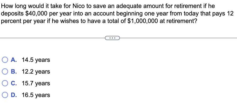 How long would it take for Nico to save an adequate