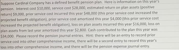 please provide a clear answer Suppose Cardinal Company has a defined benefit