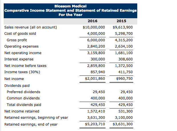 balance sheet and income statement for 2015 and 2016 follow