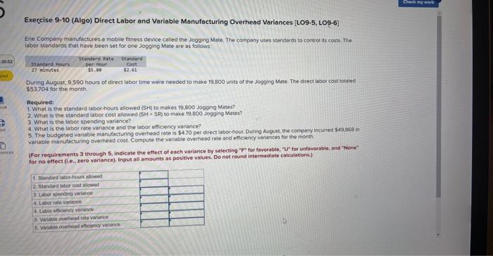  Exercise 9-10 (Algo) Direct Labor and Variable Monufacturing Overhead Variances [LO9-5,