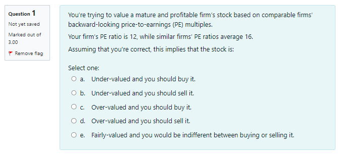\begin{tabular}{l|l} \hline Question 1 & You're trying to value a mature