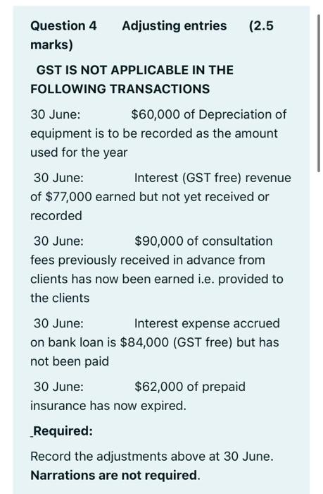  Question 4 Adjusting entries (2.5 marks) GST IS NOT APPLICABLE IN