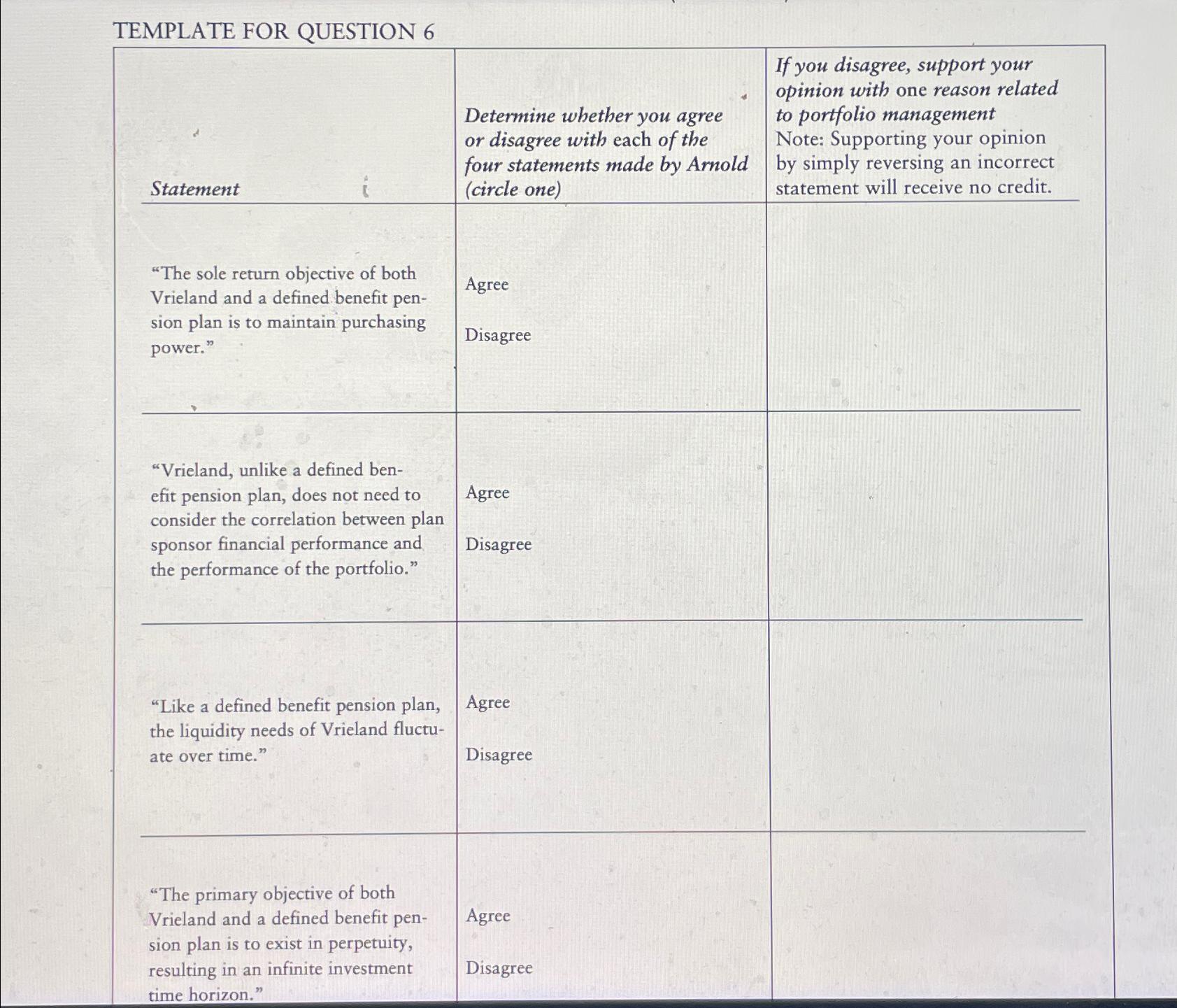  TEMPLATE FOR QUESTION 6 \table[[Statement,\table[[Determine whether you agree],[or disagree with each