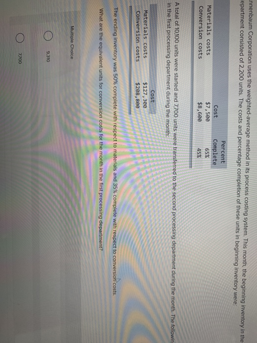  ennenbaum Corporation uses the weighted-average method in its process costing system.