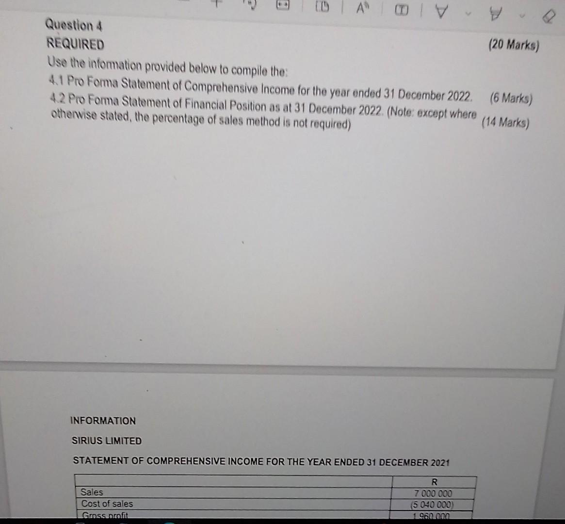 Question 4 REQUIRED (20 Marks) Use the information provided below to
