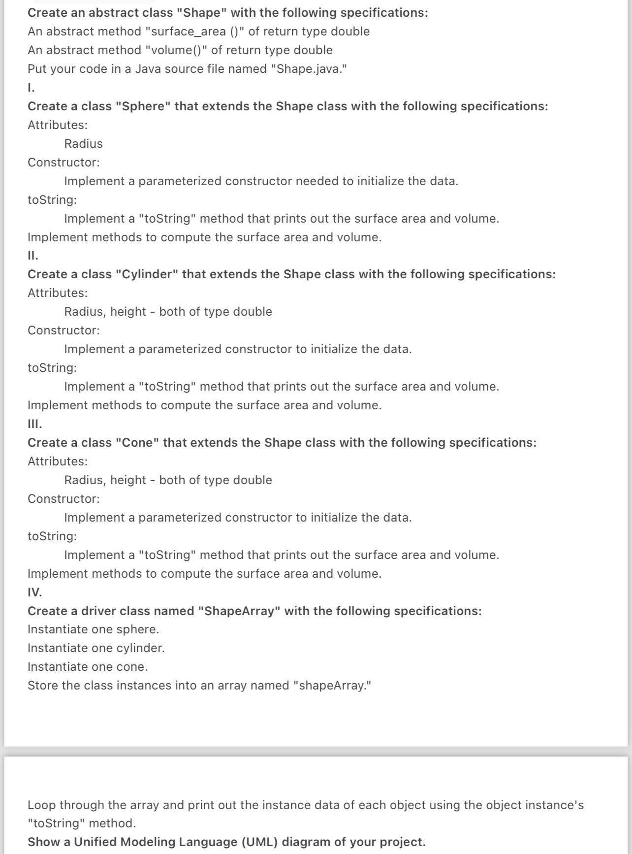  Create an abstract class "Shape" with the following specifications: An abstract