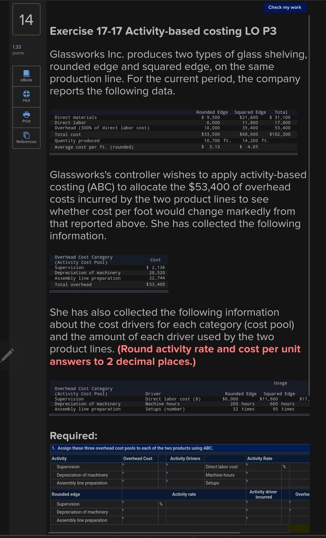  chapter 17 question 14 Check my work 14 Exercise 17-17 Activity-based