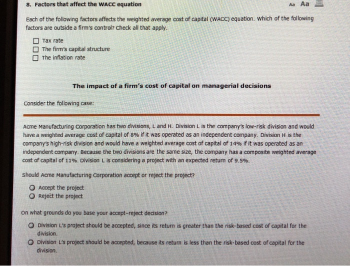  8. Factors that affect the WACC equation Aa Aa E Each