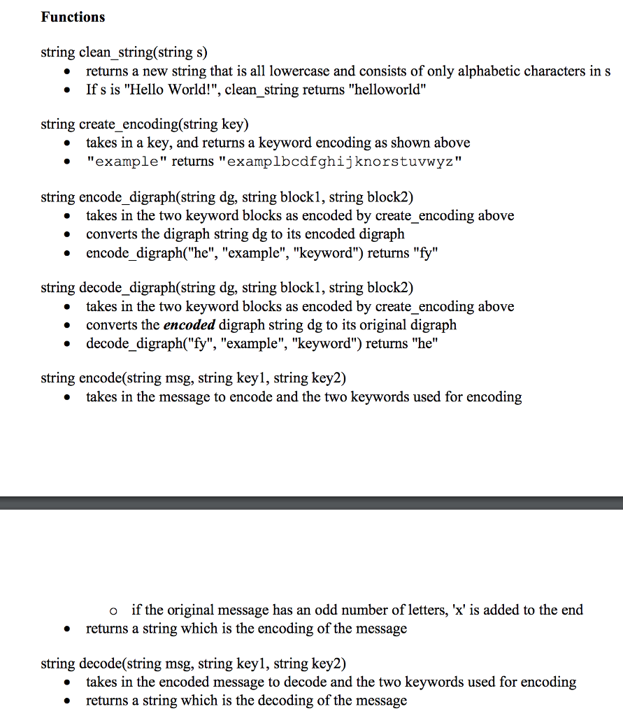 std:: string; string clean_string(string s); string create_encoding(string key); string encode_digraph(string dg, string