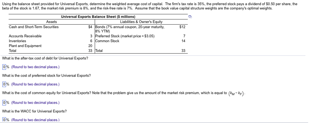  Using the balance sheet provided for Universal Exports, determine the weighted