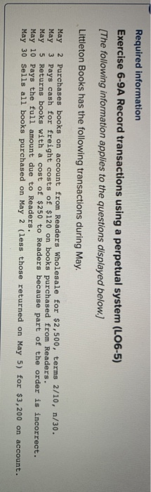  Required information Exercise 6-9A Record transactions using a perpetual system (LO6-5)