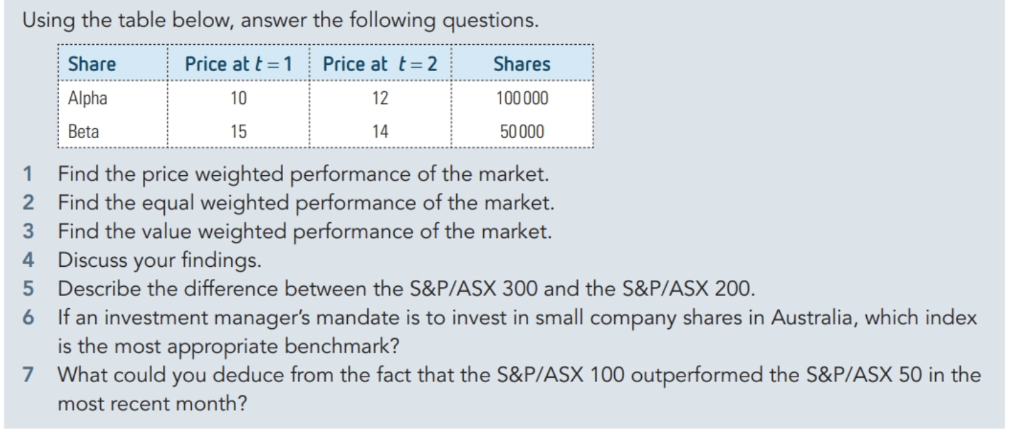  Using the table below, answer the following questions. 1 Find the