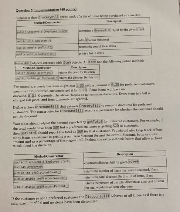 hashCode(), compareTo() methods for the following GroceryBill class that will override the
