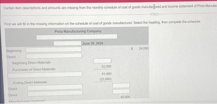 please answer this asap! Certain item descriptions and amounts are missing from