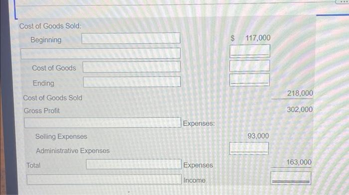 schedule of cost of goods manufactured. Select the heading, then complete the