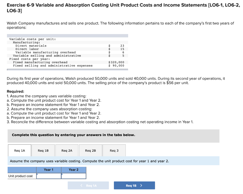 Exercise 6-9 Variable and Absorption Costing Unit Product Costs and Income