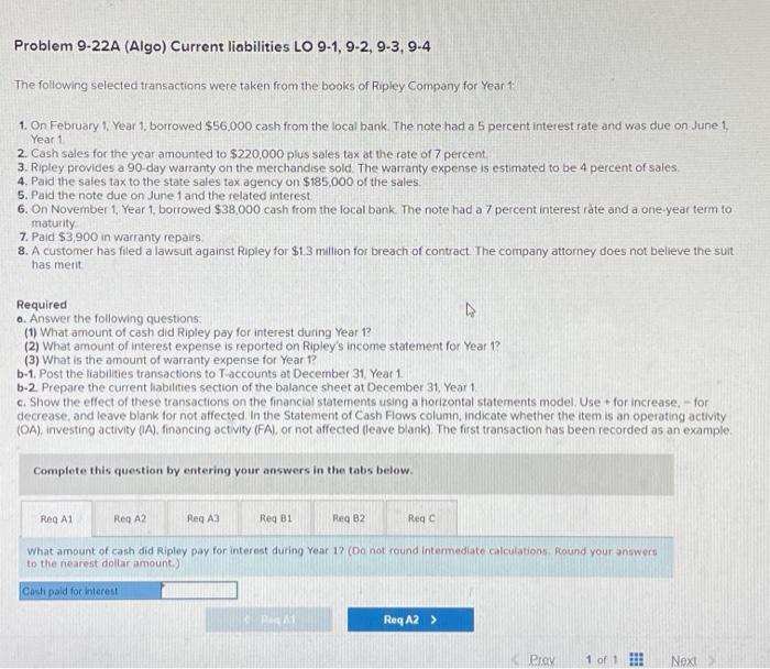  Problem 9-22A (Algo) Current liabilities LO 9-1, 9-2, 9-3, 9-4 The