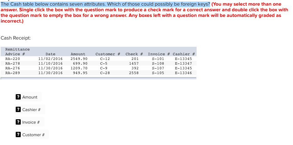 Please help The Cash table below contains seven attributes. Which of those