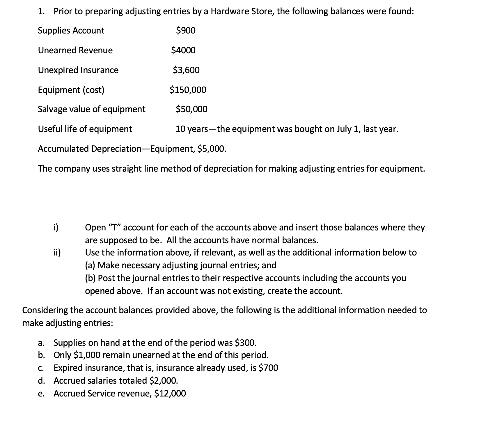 1. Prior to preparing adjusting entries by a Hardware Store, the