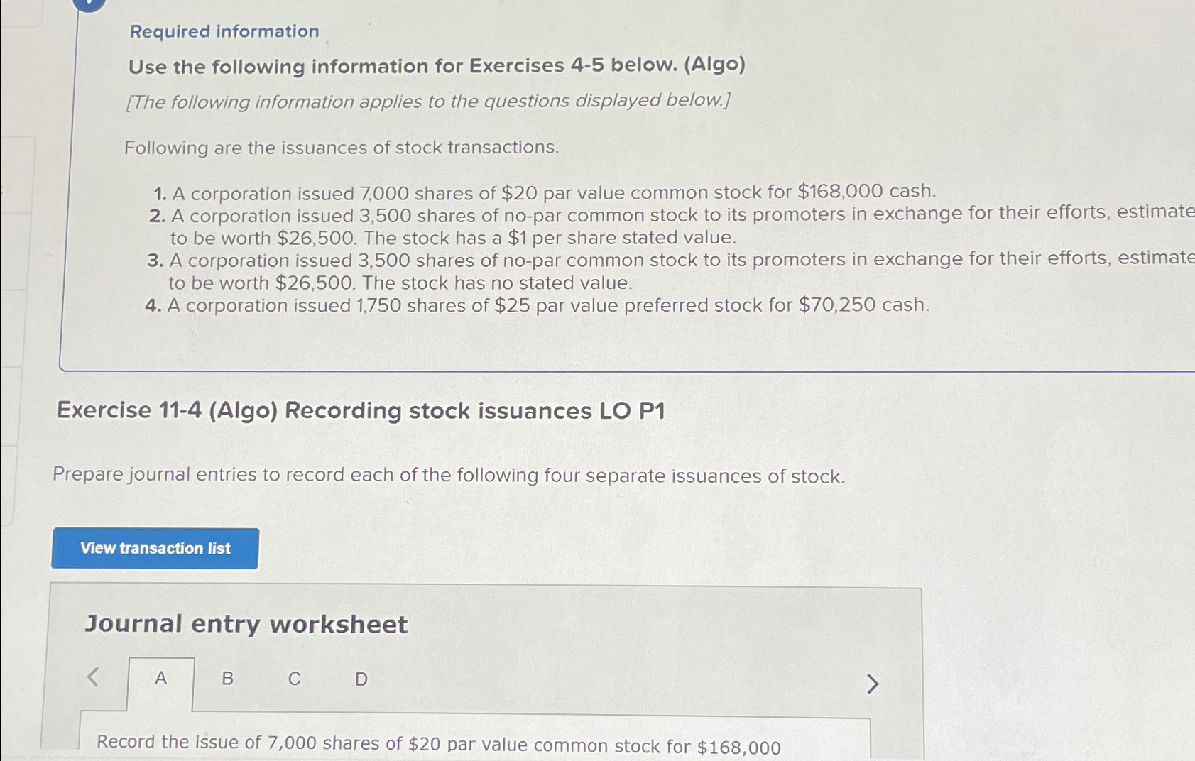  Required information Use the following information for Exercises 4-5 below. (Algo)