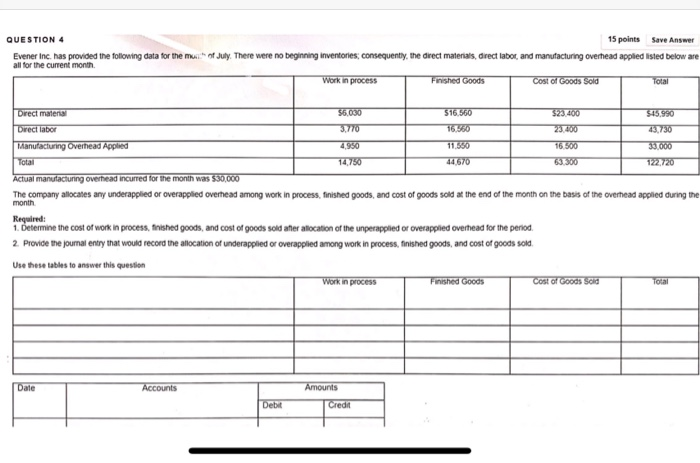  QUESTION 4 15 points Save Answer Evener Inc. has provided the