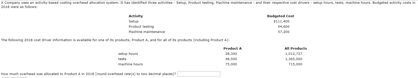 X Company uses an activity-based costing overhead allocation system. It has
