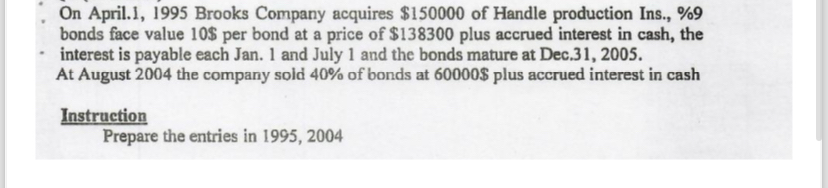  On April.1,1995 Brooks Company acquires $150000 of Handle production Ins., %9